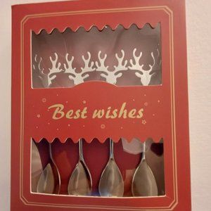 NEW Reindeer Spoons Gift Box Set of 4 Silverware Stainless Steel Christmas Tea